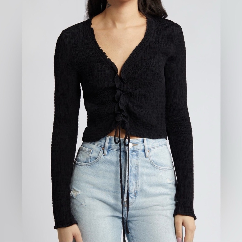 Topshop Black Viscose Rib Knit Lace Up Crop Top